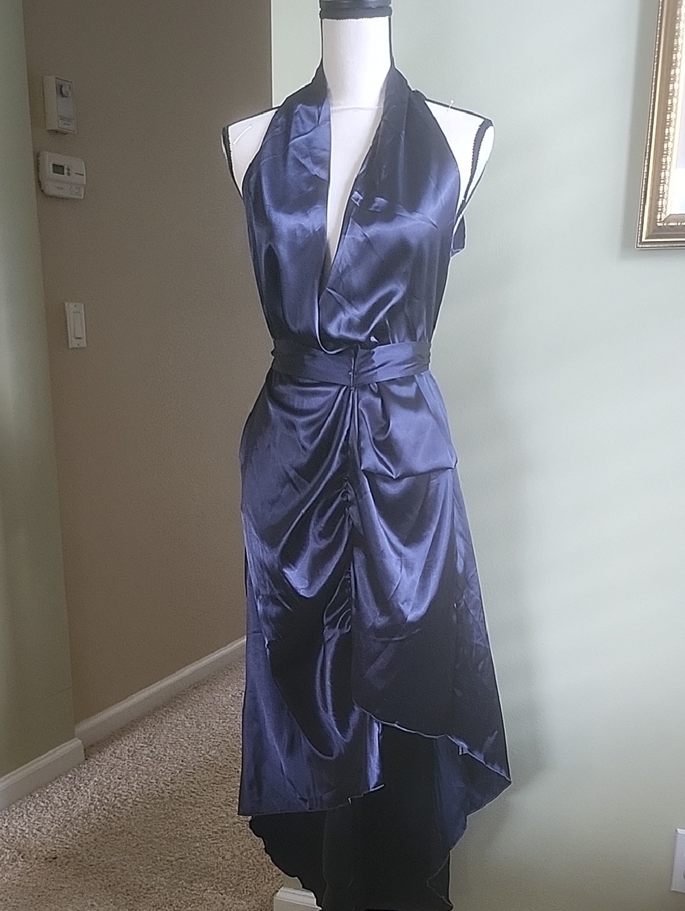 Navy Satin Halter Dress